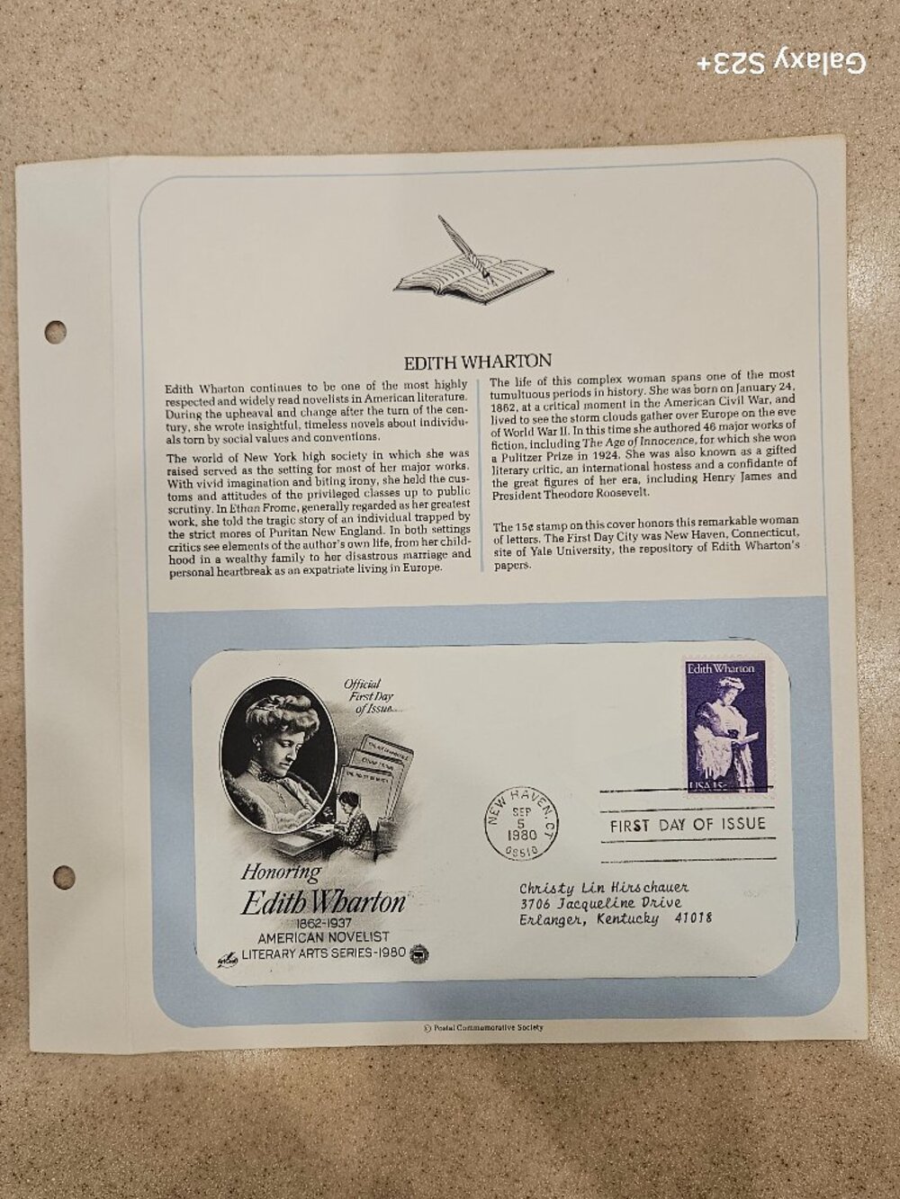 RARE COLLECTIBLE USPS 1ST DAY ISSUE COVER EDITH WHARTON NOVELIST STAMP FDC